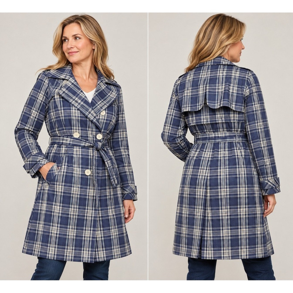 Vintage Towne London Fog Womens Trench Coat 10 Reg Blue Plaid Belted Raincoat